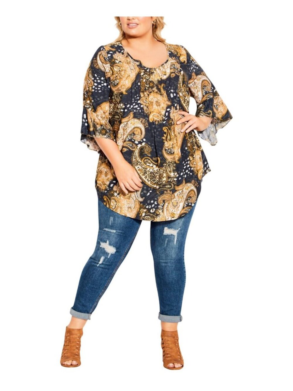 NWT Avenue Bell Sleeve Joanna Pintuck Tunic Blouse Top 211765 Blue Multi 18W